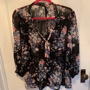 Nordstrom black floral tie neck blouse